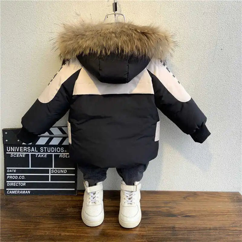 Winter Boys Coat 2023 New Baby Fur Collar Hooded Cotton Plus Velvet Thicken Warm Jacket For Children's Coat For Boys 2-8Years