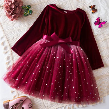 Girl Party Princess Dress Autumn Winter 3-8Y Children Christmas New Year Velvet Top Gradient Stars Mesh Bow Dres