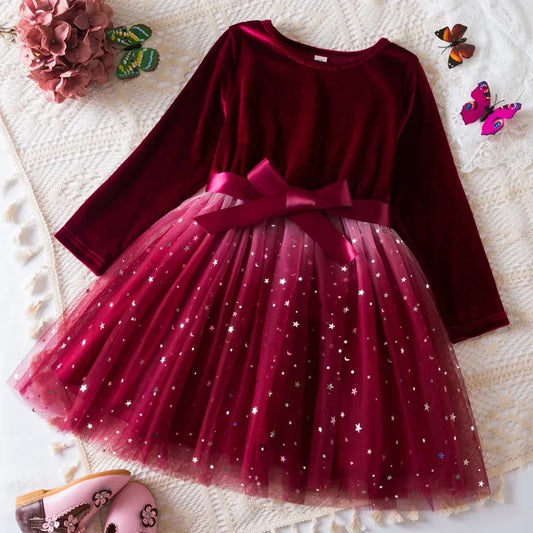 Girl Party Princess Dress Autumn Winter 3-8Y Children Christmas New Year Velvet Top Gradient Stars Mesh Bow Dres