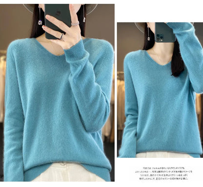 2024 100% Merino Pure Wool V-neck Hoodie Autumn/Winter Hoodie New Cashmere Sweater Women's Casual Knitted Top DMR207