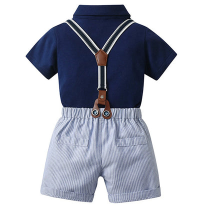 Baby Boys Summer Short Sleeve Lapel Bow Tie Romper with Suspender Shorts Beret Christening Birthday Wedding Party Gentlemen Suit