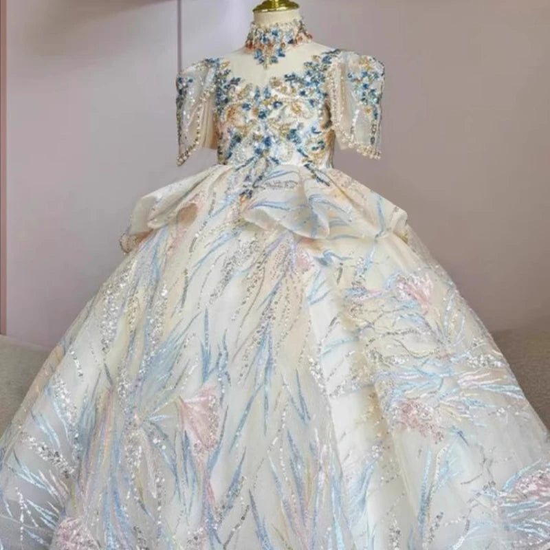 Girls Summer Party Dress Puffy PrincessFlower Pageant Host Formal Gown Girl Outfit Piano Recital Performance Birthday Wedding