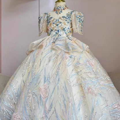 Girls Summer Party Dress Puffy PrincessFlower Pageant Host Formal Gown Girl Outfit Piano Recital Performance Birthday Wedding