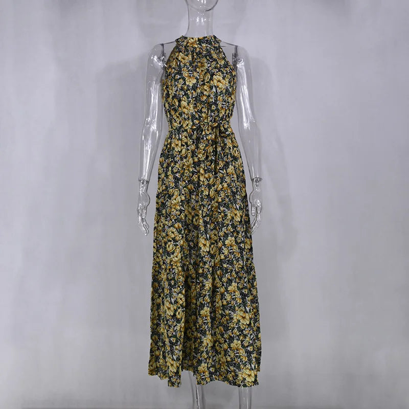 Summer Floral Print Halter Neck Dresses For Women Sleeveless Leace-up Long Dress Casual Beach Holiday Vestidos Female Clothing