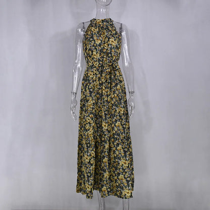 Summer Floral Print Halter Neck Dresses For Women Sleeveless Leace-up Long Dress Casual Beach Holiday Vestidos Female Clothing