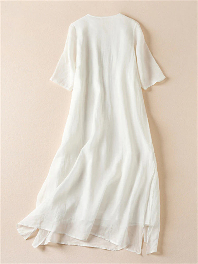 Summer Print Vintage Dresses For Women 2025 New Casual Long Thin Breathable Dress Femme Robe Office Lady Work Elegant Clothing