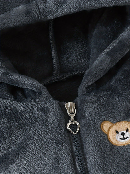 Cozy Boys' 3pcs Winter Set: Cute Panda Embroidered Plush Hooded Jacket & Matching Pants with Bear Doll Detail - Machine Washable, Polyester, Pink, Boys Winter Clothing|Matching Pants Set|Plush Polyester Fabric, Perfect for Ou