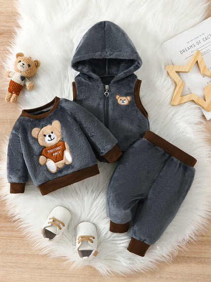 Cozy Boys' 3pcs Winter Set: Cute Panda Embroidered Plush Hooded Jacket & Matching Pants with Bear Doll Detail - Machine Washable, Polyester, Pink, Boys Winter Clothing|Matching Pants Set|Plush Polyester Fabric, Perfect for Ou