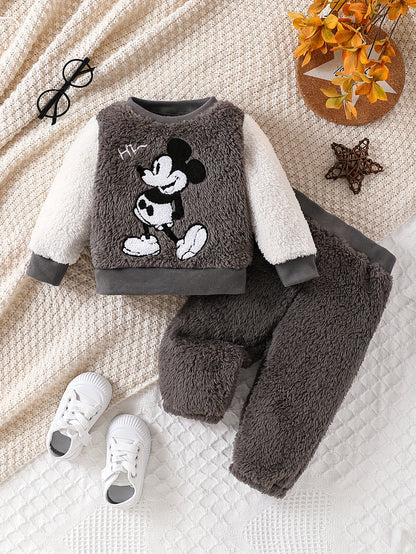 1 Set JOPGEEY 2pcs Baby Boys' Winter Outfit, Cute Cartoon Embroidery Fleece Warm Ribbed Crew Neck Long Sleeve Pullover Top and Plush Warm Cuffed Long Pants, Polyester Knitwear, for Outdoor