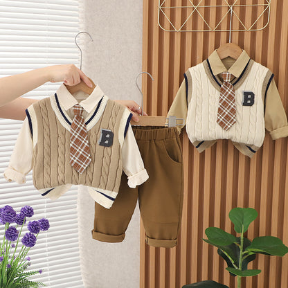 Boys Autumn Clothing Suit Tie B- Shaped Sweater Three-piece Set