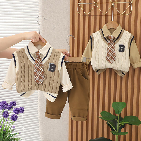 Boys Autumn Clothing Suit Tie B- Shaped Sweater Three-piece Set