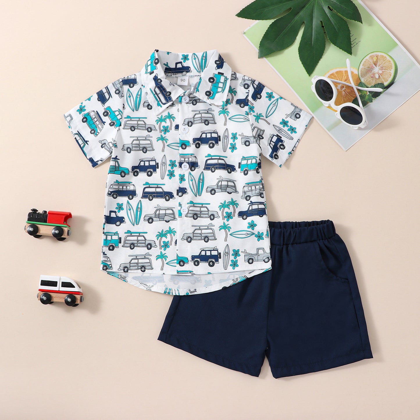 Boys' Summer Short Sleeve Printed Shirt Suit Summer Children's Beach Hawaii Holiday New Suit In Stock