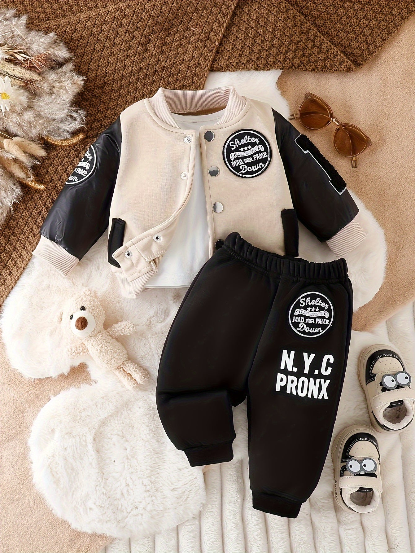 Long Sleeve Boys' Winter Two-Piece Set, Cotton And Polyester Blend Knit Sweater And Pants, Casual Outfit With Alphabet Pattern, Machine Washable, Outdoor Cloth