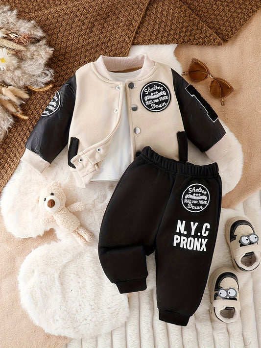 Long Sleeve Boys' Winter Two-Piece Set, Cotton And Polyester Blend Knit Sweater And Pants, Casual Outfit With Alphabet Pattern, Machine Washable, Outdoor Cloth