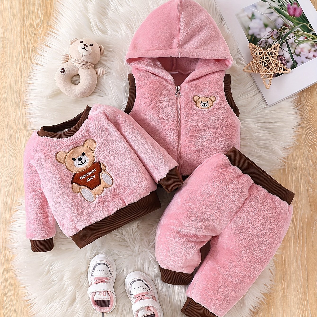 Cozy Boys' 3pcs Winter Set: Cute Panda Embroidered Plush Hooded Jacket & Matching Pants with Bear Doll Detail - Machine Washable, Polyester, Pink, Boys Winter Clothing|Matching Pants Set|Plush Polyester Fabric, Perfect for Ou
