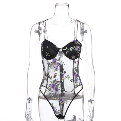 ArtSu Purple Floral Embroidery Lace Bodysuits Womens Bow