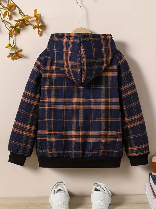 Boys Winter Plaid Fleece-lined Warm Hooded Jacket With Zipper Fall/Winter Outerwear