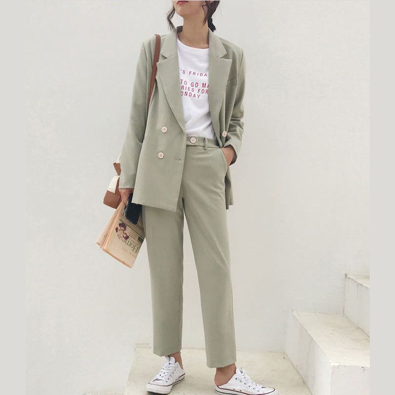 Spring Vintage Double Breasted Women Pant Suit Light Gr