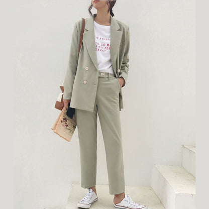 Spring Vintage Double Breasted Women Pant Suit Light Gr