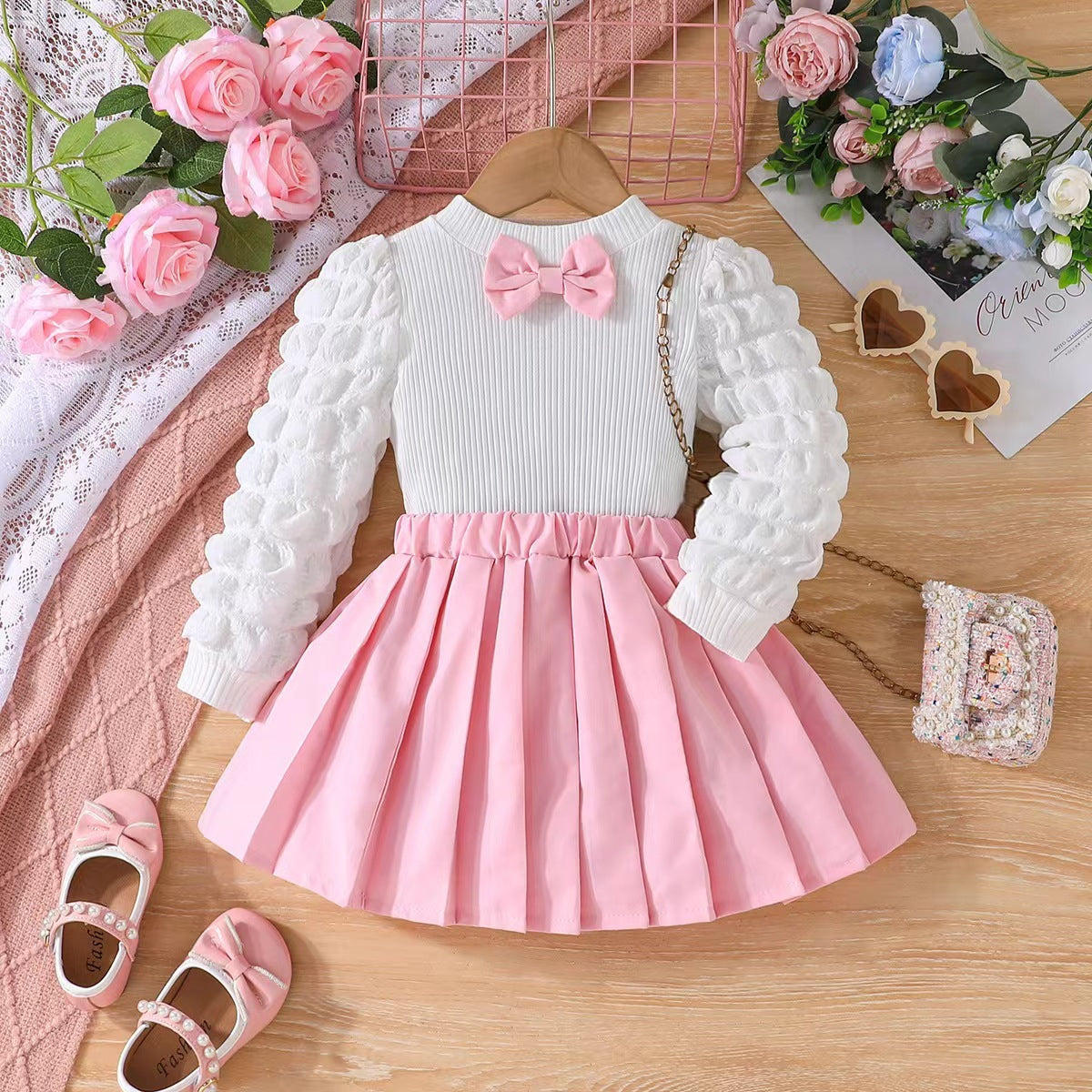 Two Piece Set Of Girls' Bubble Sleeve Skirt