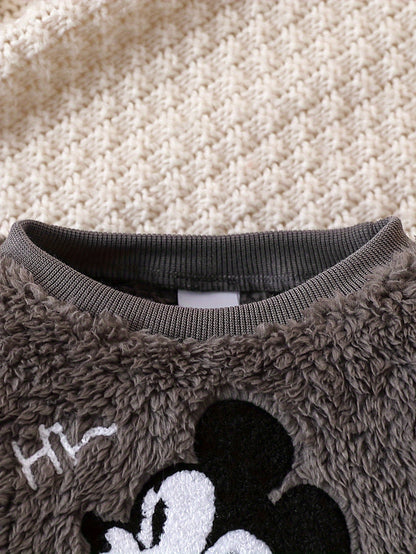 1 Set JOPGEEY 2pcs Baby Boys' Winter Outfit, Cute Cartoon Embroidery Fleece Warm Ribbed Crew Neck Long Sleeve Pullover Top and Plush Warm Cuffed Long Pants, Polyester Knitwear, for Outdoor