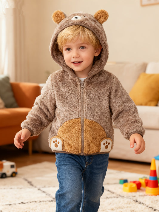 [Soft Warm Winter Coat] Boys' & Girls' Fleece Jacket - Soft Warm Winter Coat with Hood, Zipper Closure, Plush Bear Face & Paw Print Design, Soft Light -Friendly Fabric for Boys & Girls, Winter Clothes For Boys, Winter Clothes