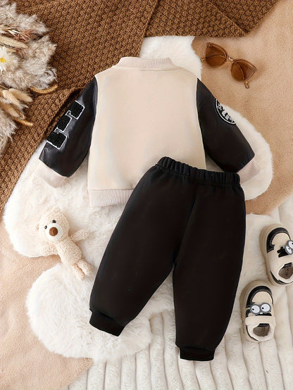 Long Sleeve Boys' Winter Two-Piece Set, Cotton And Polyester Blend Knit Sweater And Pants, Casual Outfit With Alphabet Pattern, Machine Washable, Outdoor Cloth