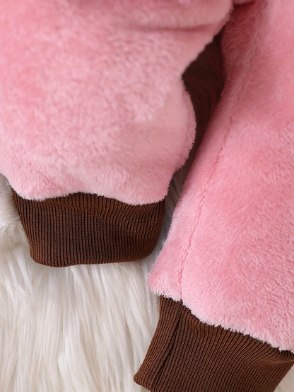 Cozy Boys' 3pcs Winter Set: Cute Panda Embroidered Plush Hooded Jacket & Matching Pants with Bear Doll Detail - Machine Washable, Polyester, Pink, Boys Winter Clothing|Matching Pants Set|Plush Polyester Fabric, Perfect for Ou