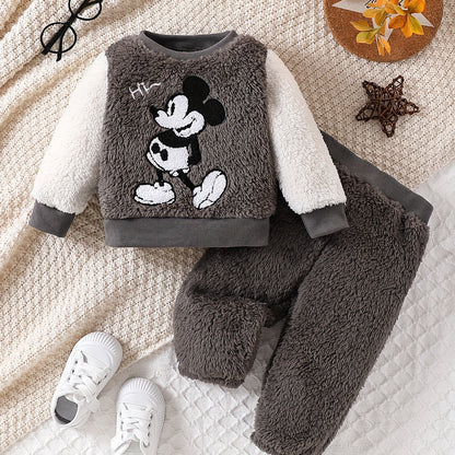 1 Set JOPGEEY 2pcs Baby Boys' Winter Outfit, Cute Cartoon Embroidery Fleece Warm Ribbed Crew Neck Long Sleeve Pullover Top and Plush Warm Cuffed Long Pants, Polyester Knitwear, for Outdoor
