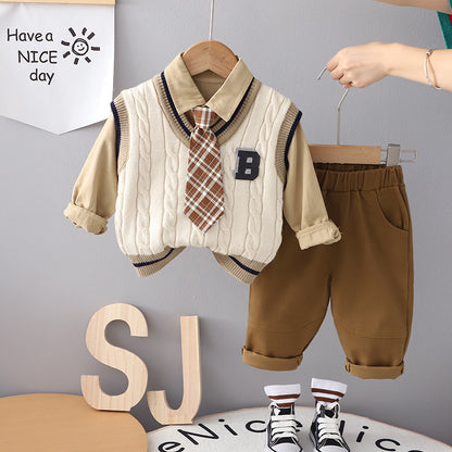 Boys Autumn Clothing Suit Tie B- Shaped Sweater Three-piece Set