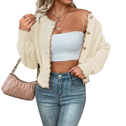 Elegant Contrast Color Lace Heart-shaped Button Knitted Cardigan Coat