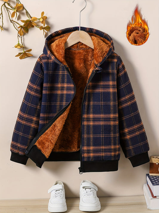 Boys Winter Plaid Fleece-lined Warm Hooded Jacket With Zipper Fall/Winter Outerwear