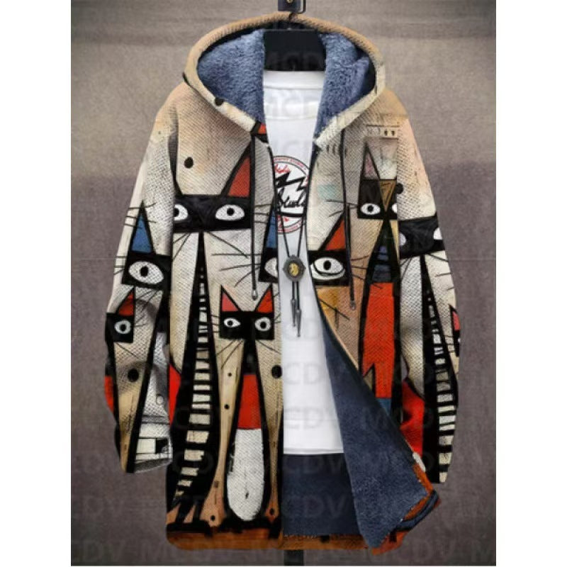 Men's Winter Print Plush Lined Thick Windproof Jacket