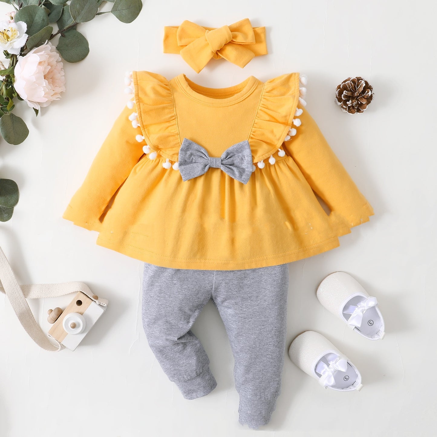 Long Sleeved Ball Fly Edge And Gray Leggings Set