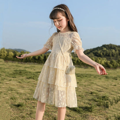 Girls' Simple Long Lace Cake Dress