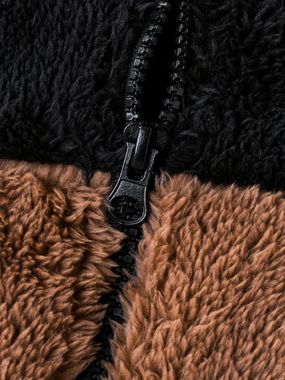 Boys' Winter Jacket with Full-Zip Hooded Coat & Polar Fleece - Thick Outerwear, Black/Brown/Gray Color Block, White Collar & Chest Logo Patch - 100% Polyester Warm Jacket for, Playdates & Outdoor Activities (, Winter Clothes