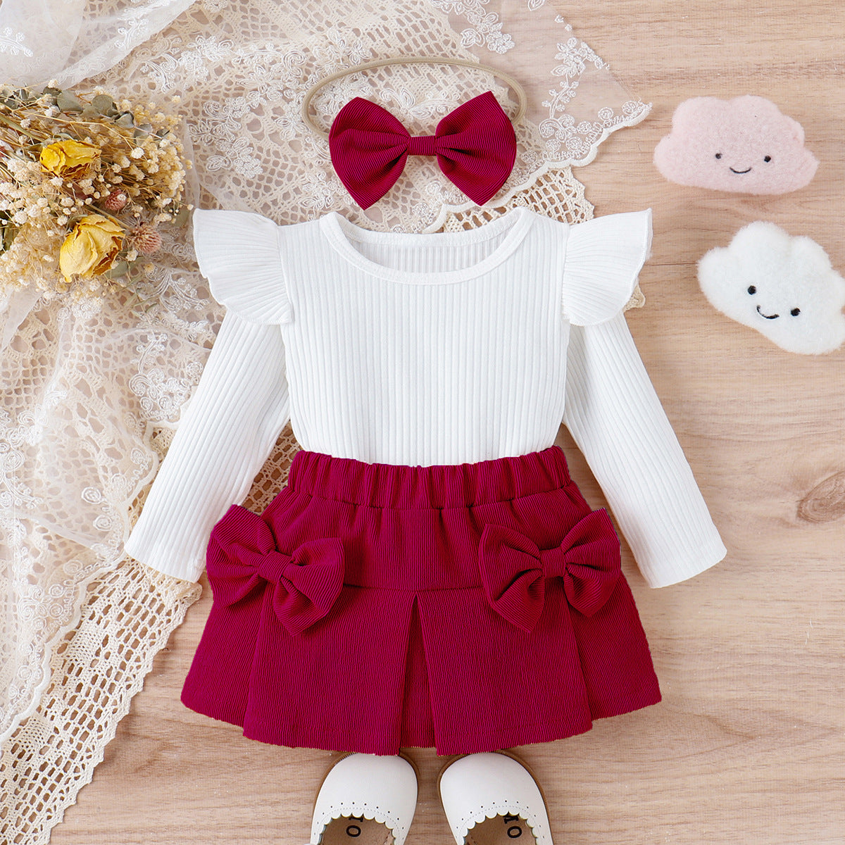 Infant Toddler Lace Bowknot Short Dress With Headdress Three-piece Set