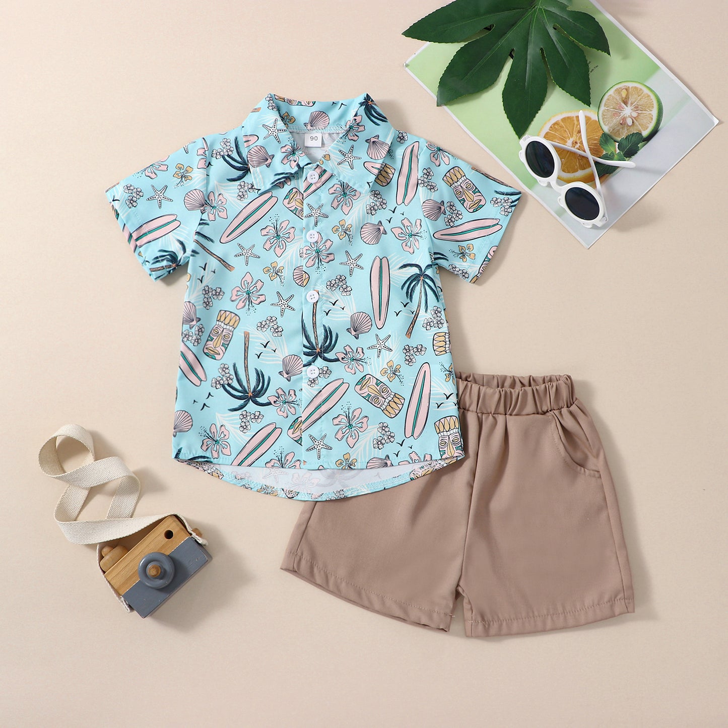Boys' Summer Short Sleeve Printed Shirt Suit Summer Children's Beach Hawaii Holiday New Suit In Stock