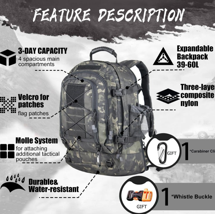 Expandable 40-64L Military Tactical Backpack 3 Day Bag Hiking Gym Sport Camping