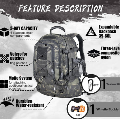 Expandable 40-64L Military Tactical Backpack 3 Day Bag Hiking Gym Sport Camping