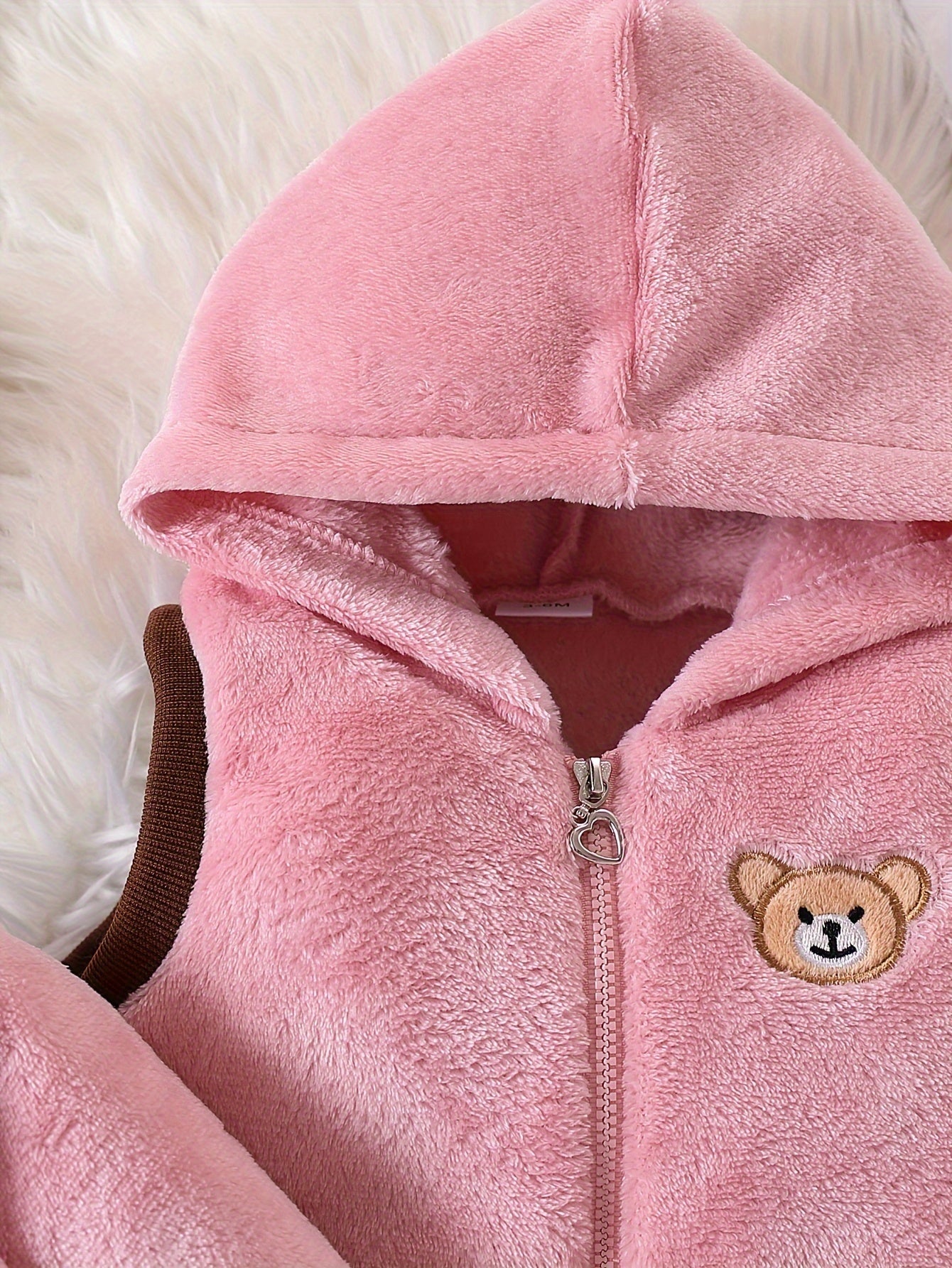 Cozy Boys' 3pcs Winter Set: Cute Panda Embroidered Plush Hooded Jacket & Matching Pants with Bear Doll Detail - Machine Washable, Polyester, Pink, Boys Winter Clothing|Matching Pants Set|Plush Polyester Fabric, Perfect for Ou