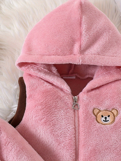 Cozy Boys' 3pcs Winter Set: Cute Panda Embroidered Plush Hooded Jacket & Matching Pants with Bear Doll Detail - Machine Washable, Polyester, Pink, Boys Winter Clothing|Matching Pants Set|Plush Polyester Fabric, Perfect for Ou