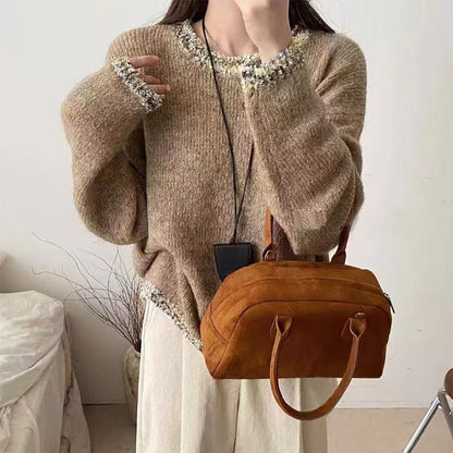 Autumn And Winter Design Collar Hem Bright Silk Solid Color Mohair Sweater