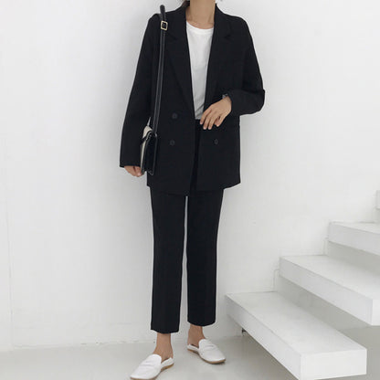 Spring Vintage Double Breasted Women Pant Suit Light Gr