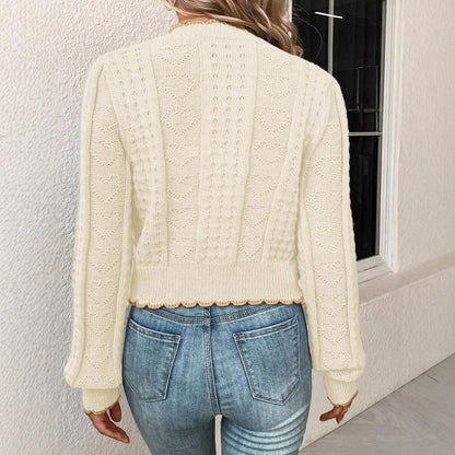 Elegant Contrast Color Lace Heart-shaped Button Knitted Cardigan Coat