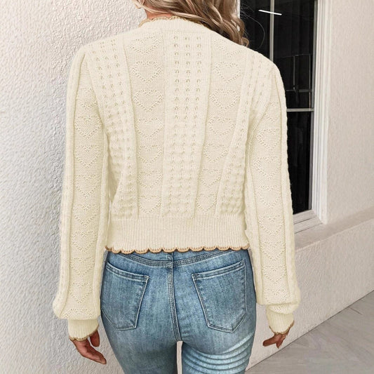 Elegant Contrast Color Lace Heart-shaped Button Knitted Cardigan Coat