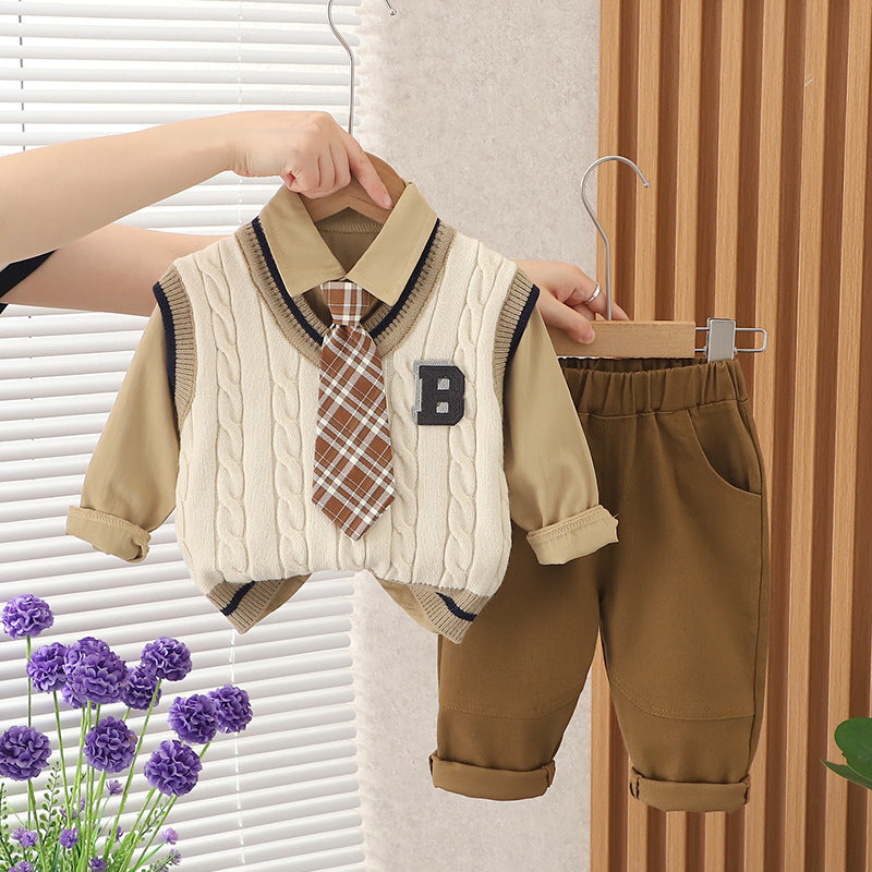 Boys Autumn Clothing Suit Tie B- Shaped Sweater Three-piece Set