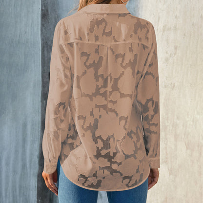 Womens Casual Sheer Button Down Shirts Long Sleeve V Neck Jacquard Blouses Tops
