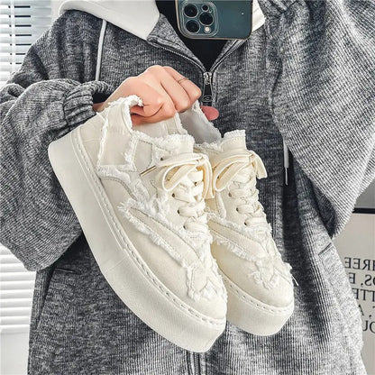 Men's Canvas Shoes New Autumn Low Cut Height Increasing Thick Soled White Shoes Soft Soled